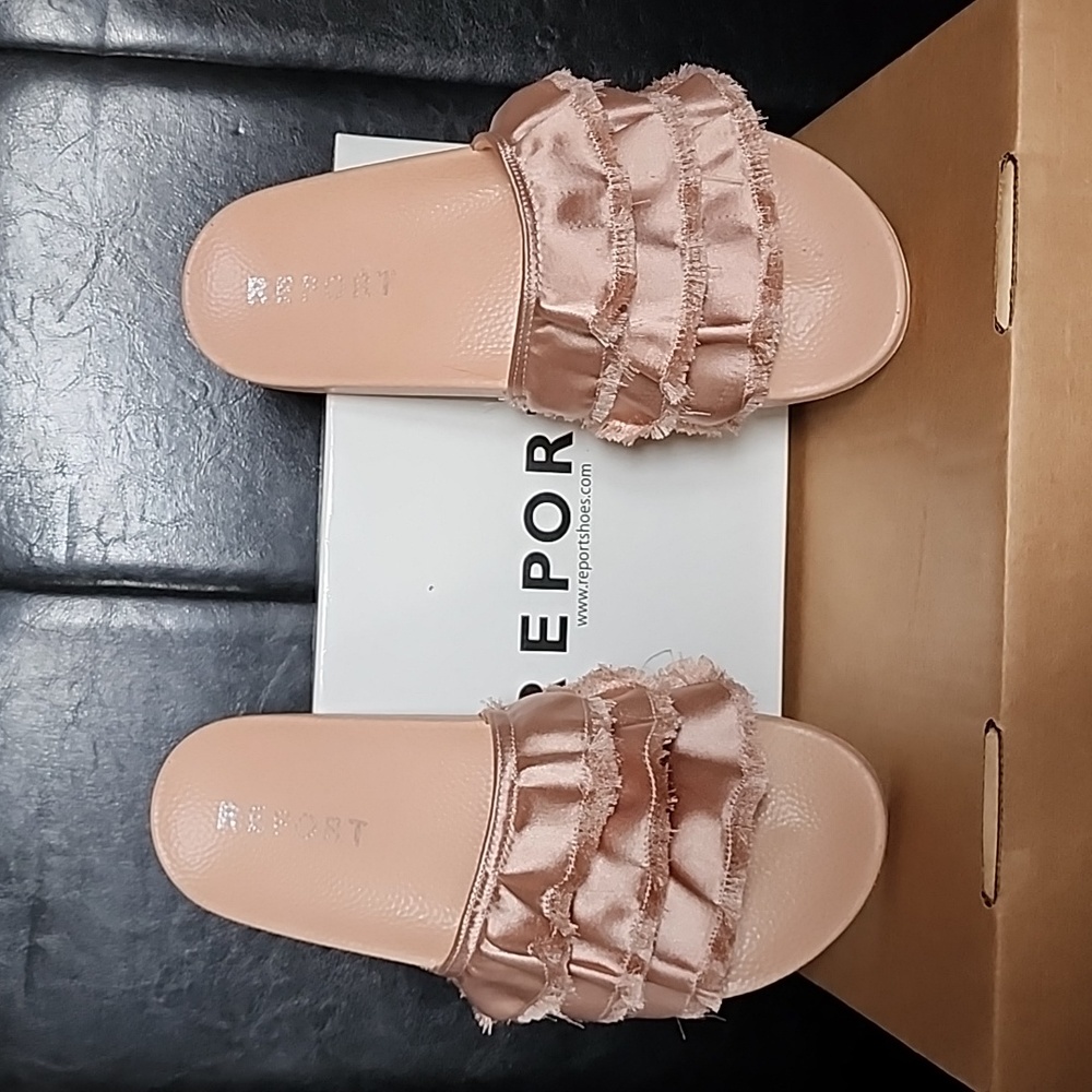 Pink satin ruffle & tiered slides. Size 10. 41 EU